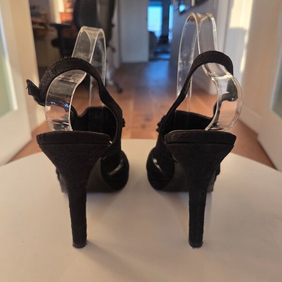 Black lace motif & rosette stiletto heels dressy leather shoes - Picture 6 of 9